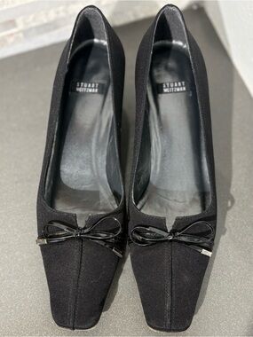 Vintage 90s Stuart Weitzman black faille square-toe pumps & patent leather bows
